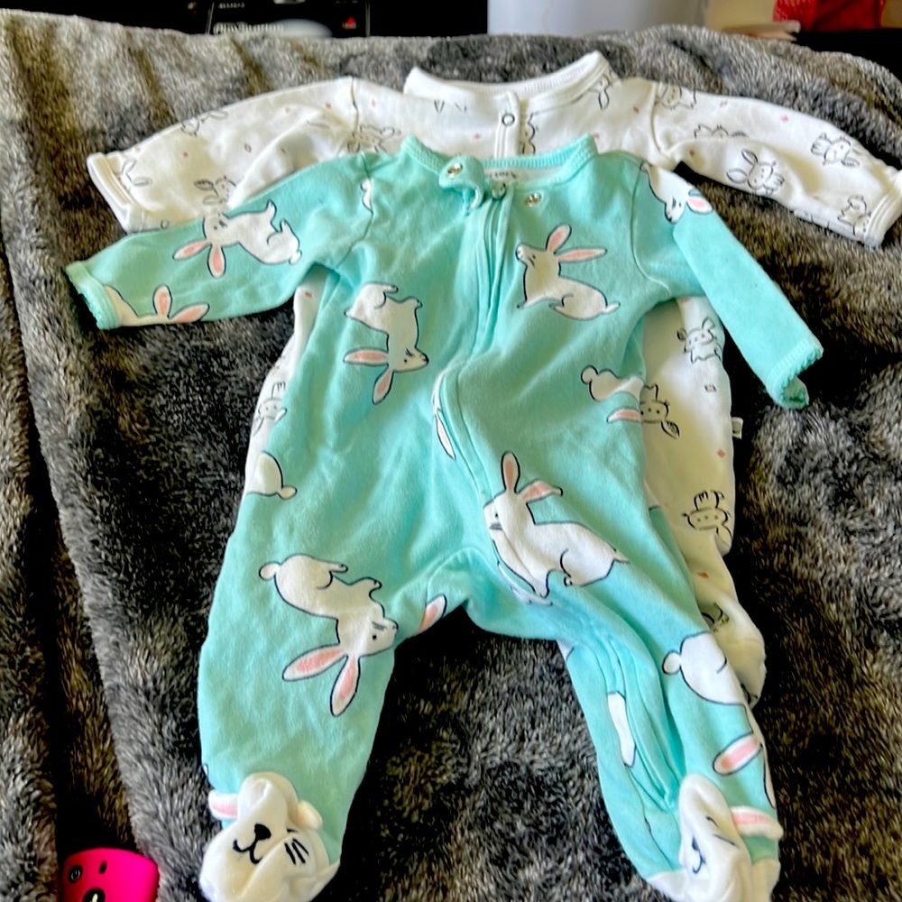 set of bunny rabbit footie pajamas . both 3 months .